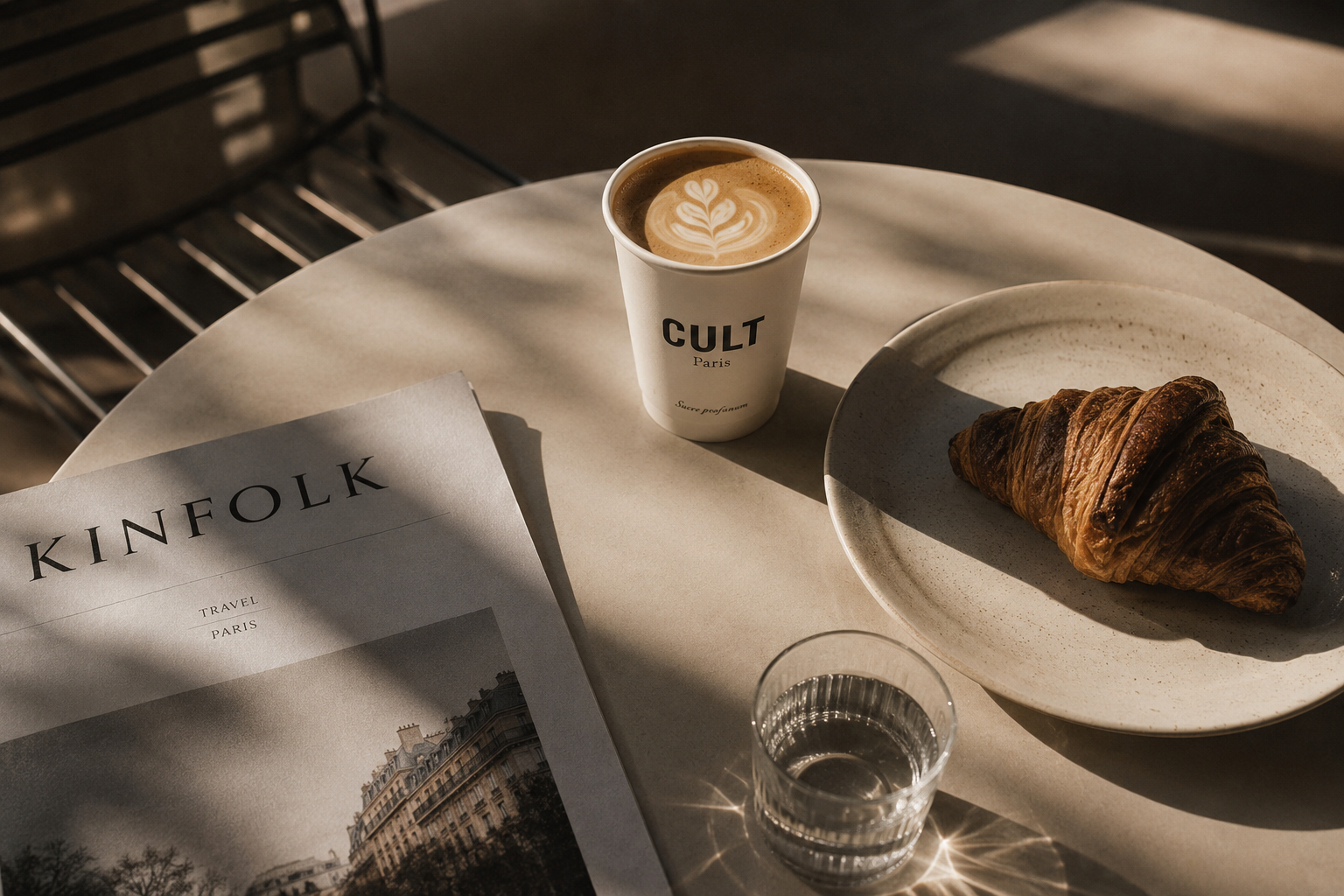 Un latte CULT Paris et un croissant pos&eacute;s pr&egrave;s d&rsquo;un magazine Kinfolk, dans la lumi&egrave;re du matin.