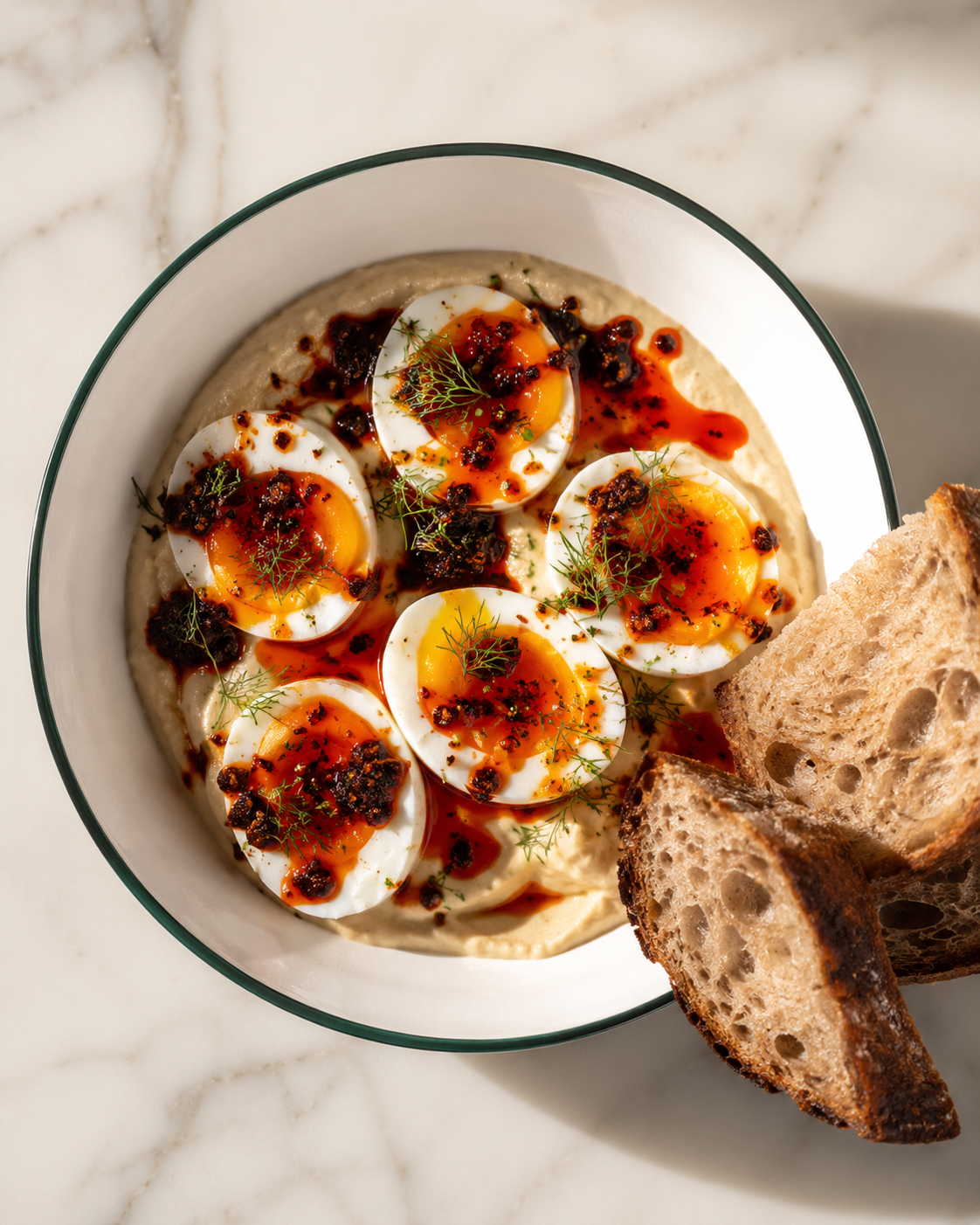 &OElig;ufs mollets sur houmous, piment croustillant et pain au levain grill&eacute;.