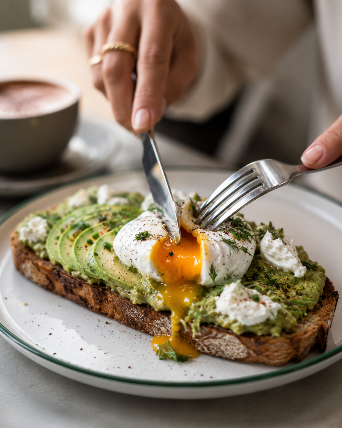 Toast au levain avec avocat &eacute;cras&eacute;, &oelig;uf poch&eacute; et feta fouett&eacute;e.