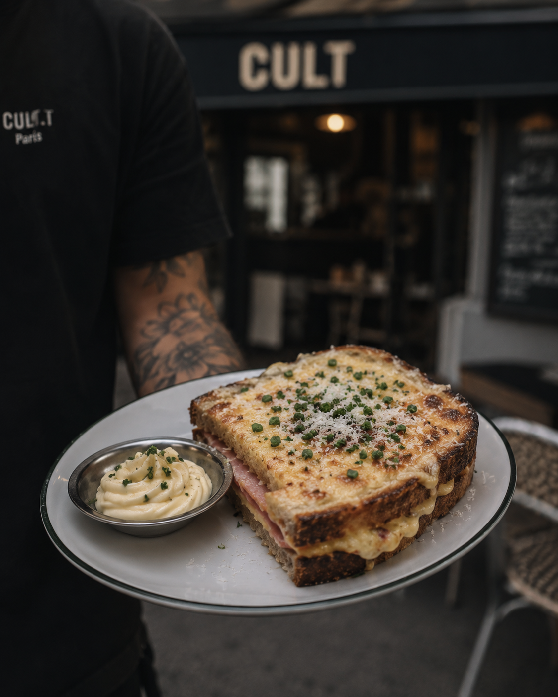 Un serveur CULT Paris pr&eacute;sentant un croque-monsieur devant la devanture.